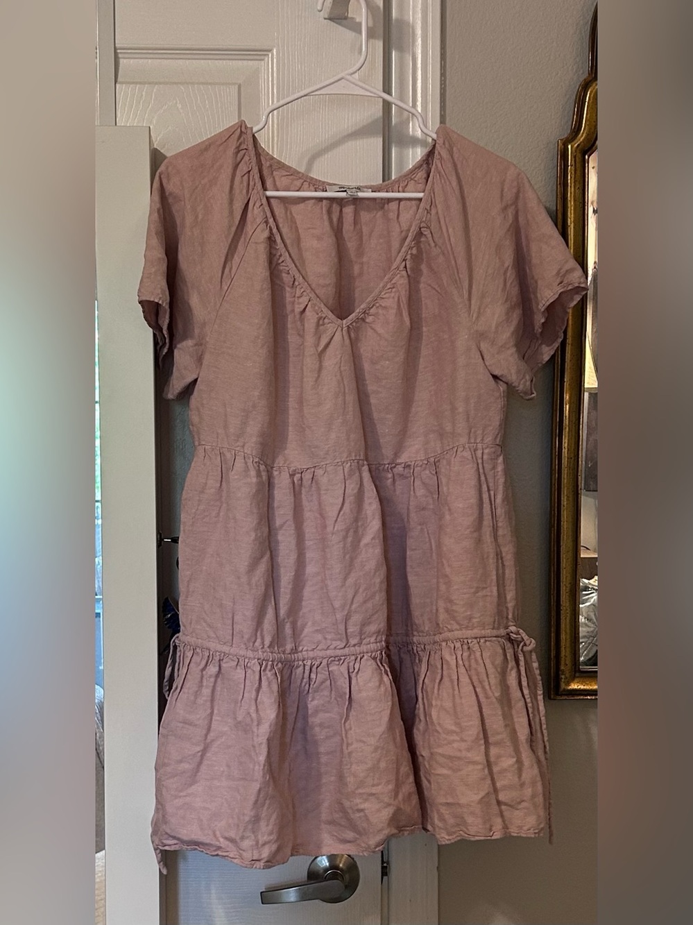 Madewell Blush Pink Linen Top with Gathered Neckline and pockets!